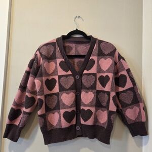 Vintage Handmade Knitted Cozy Heart Pattern Cardigan in Pink and Brown